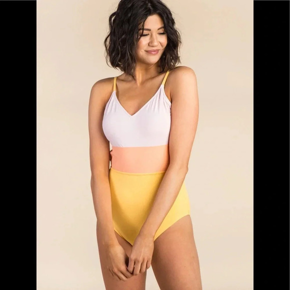LUMI SWIM The Color Block Three Stripe One Piece Suit  modest vacation summer - Picture 1 of 6